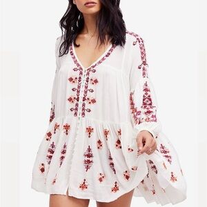 Free People White Boho Embroidered Tunic Dress Festival CottageCore Size S